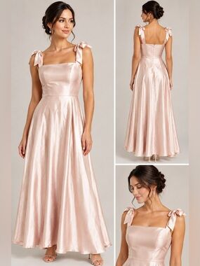 Blush Pink Satin Bow Shoulder Maxi Dress Formal Bridesmaid Size 8